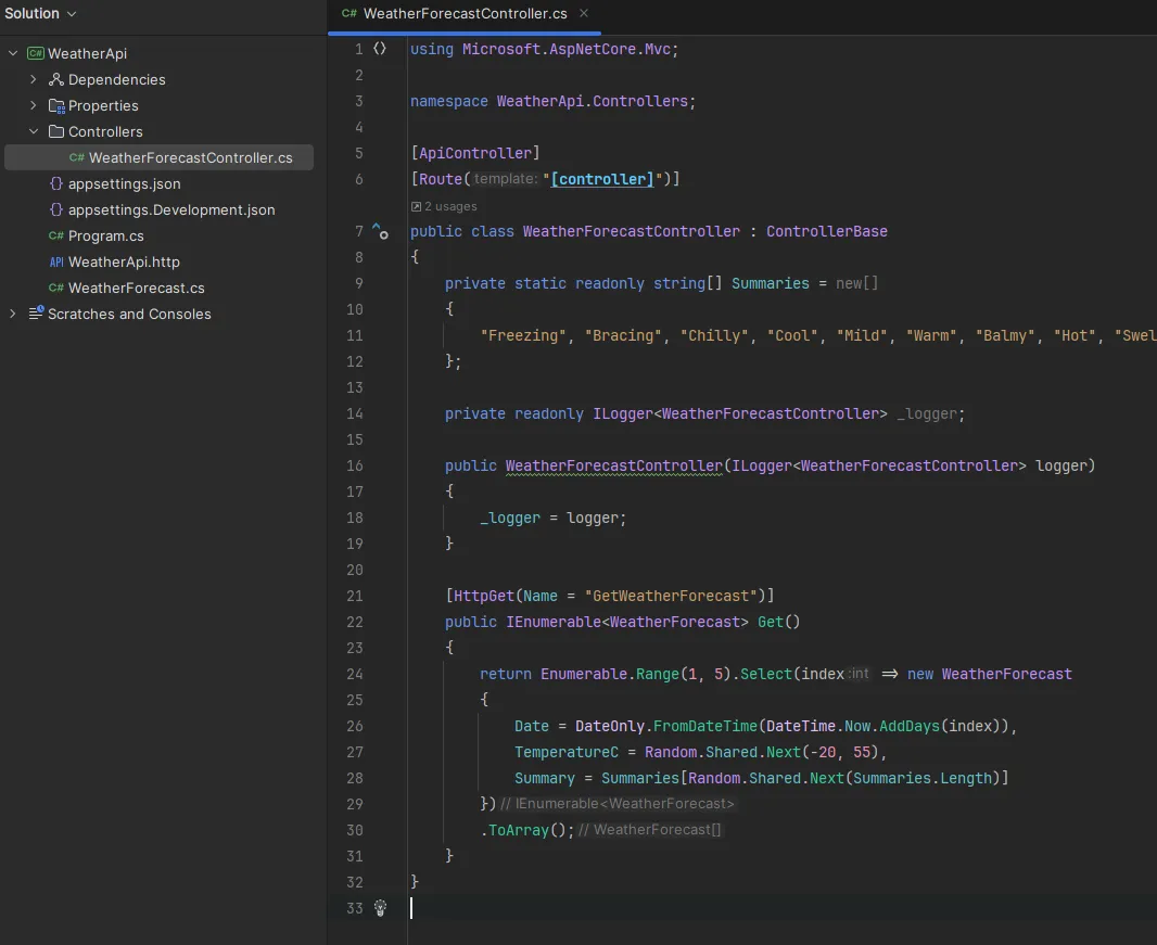 Screenshot of the generated project in Rider