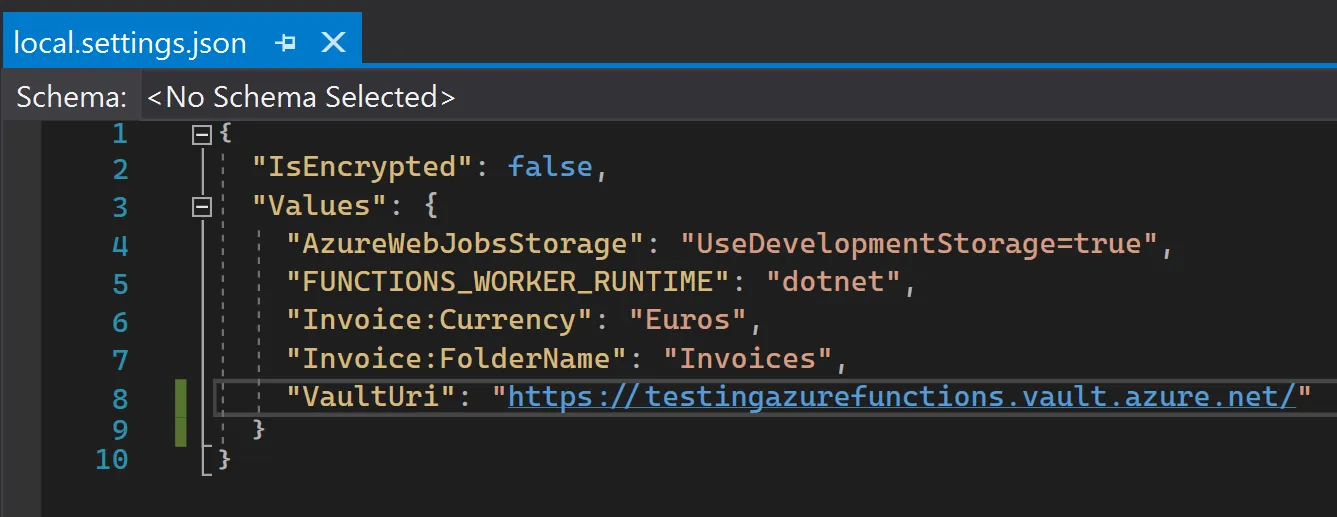 Azure Function local settings file.