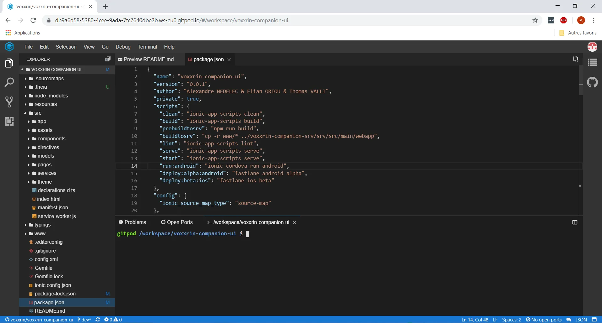 Voxxr.in project opened in gitpod in browser.
