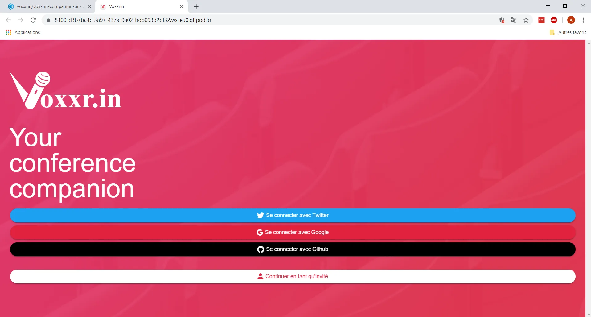 Voxxr.in application served in a browser tab.