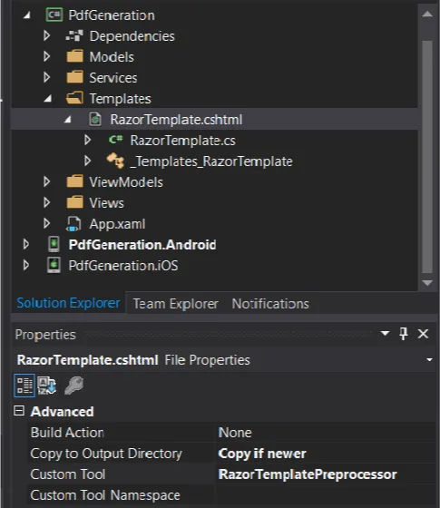 File properties of a cshtml file in Visual Studio
