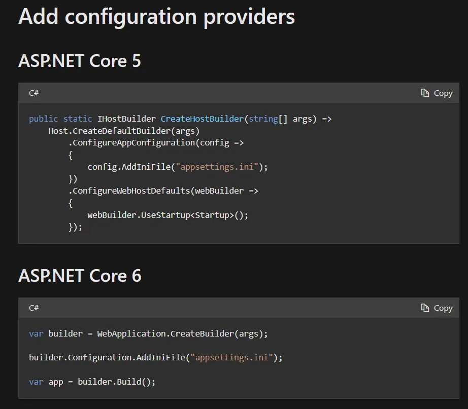 Using configuration provider in ASP.NET 5 versus ASP.NET 6.