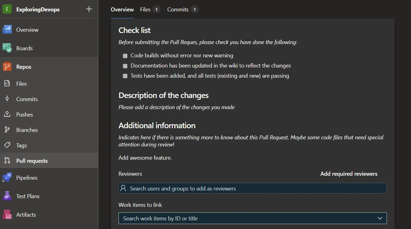 Pull request template in Azure DevOps.