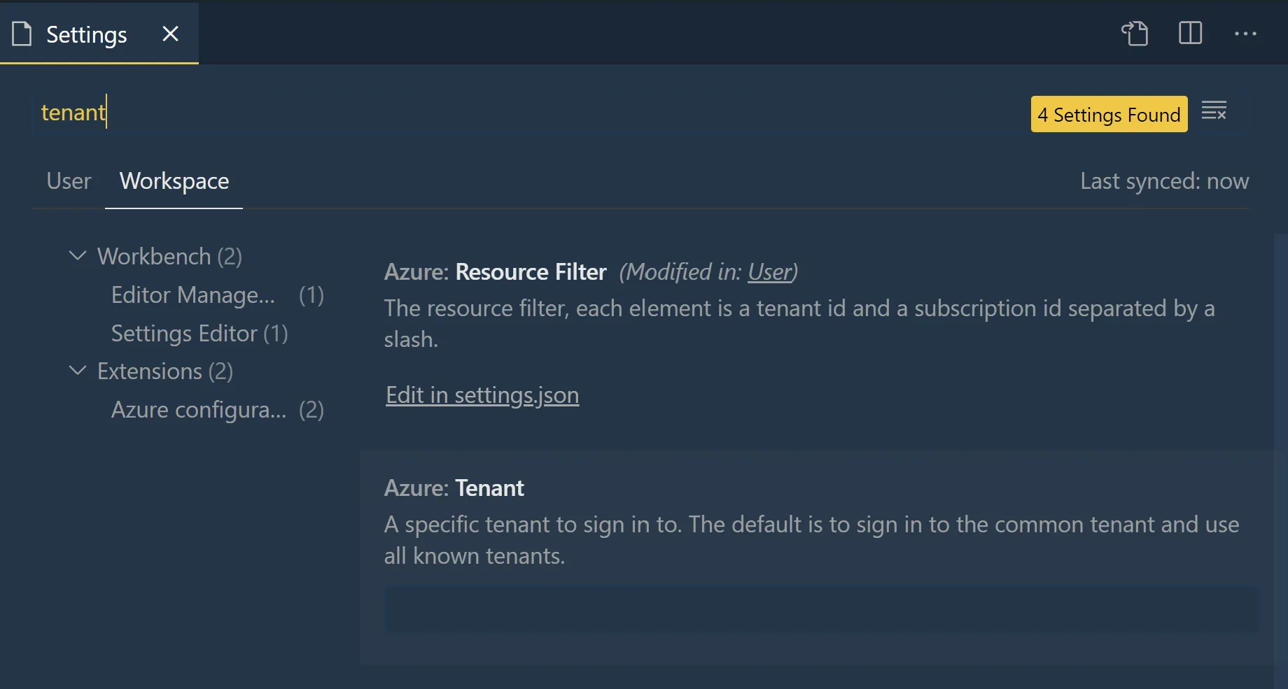 Azure tenant settings in vscode.