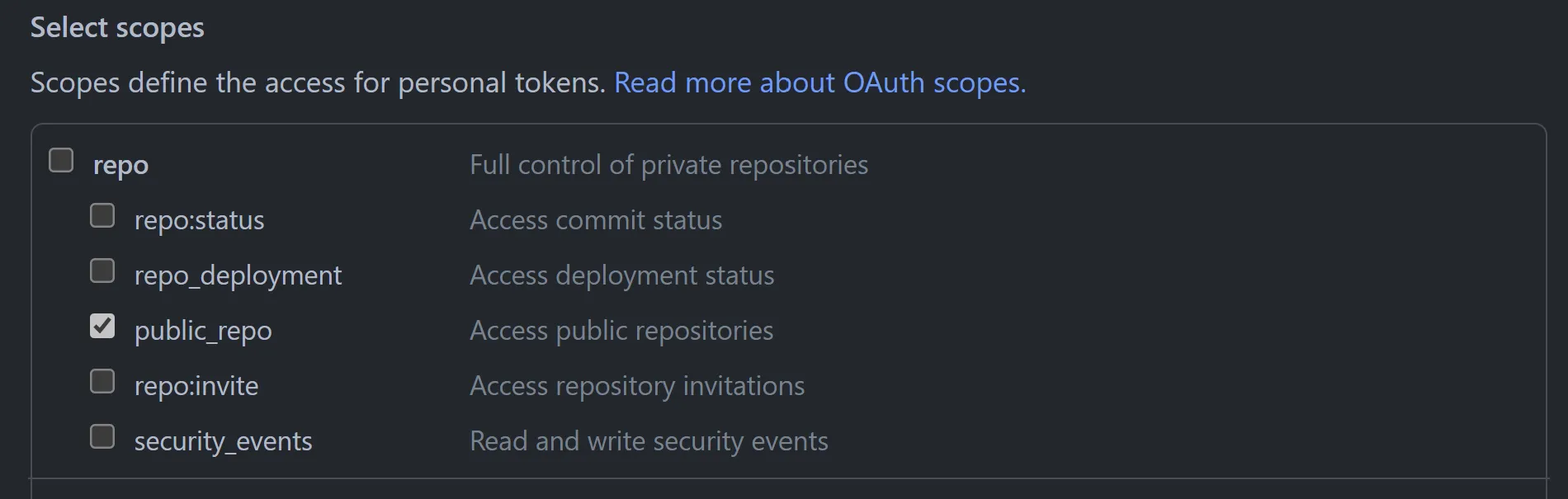 Screen to define Personal Access Tokens.