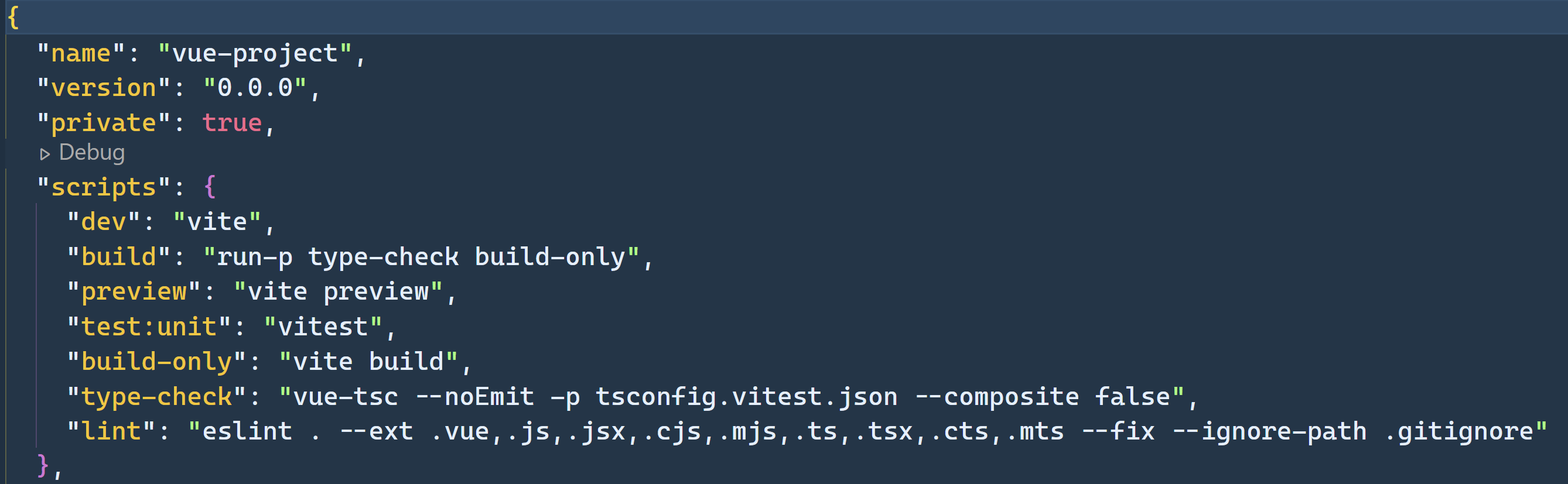 Screenshot of the npm scripts section of a package.json file.